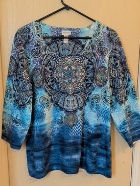 Zenergy By Chico’s Blue Turquoise Medallion V-Neck Tunic Size 3 (16/18)